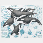 シャチのクジラ家族の古代青 フリースブランケット (正面(横))