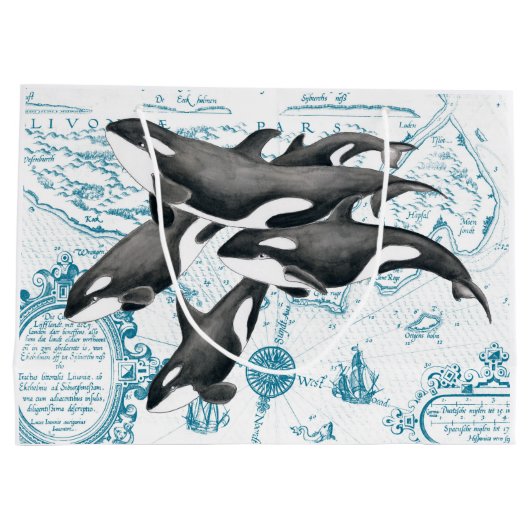 シャチのクジラ家族の古代青 ラージペーパーバッグ (裏面)