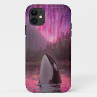 シャチのシャチおよびピンクかマゼンタのNorthern Lights iPhone 11 ケース