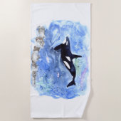 シャチの水彩画 ビーチタオル (正面)