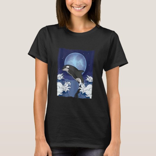 シャチの波紋 満月 海の動物 シャチ T Tシャツ (正面)