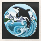 シャチ 海の青い波 ガラスコースター (正面)