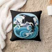 シャチ 海の青い波 クッション (ブランケット)