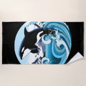 シャチ 海の青い波 ビーチタオル (正面)
