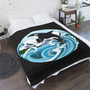 シャチ 海の青い波 フリースブランケット
