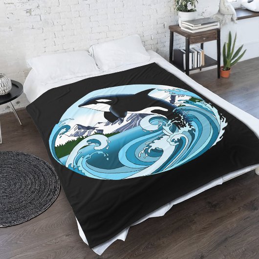 シャチ 海の青い波 フリースブランケット