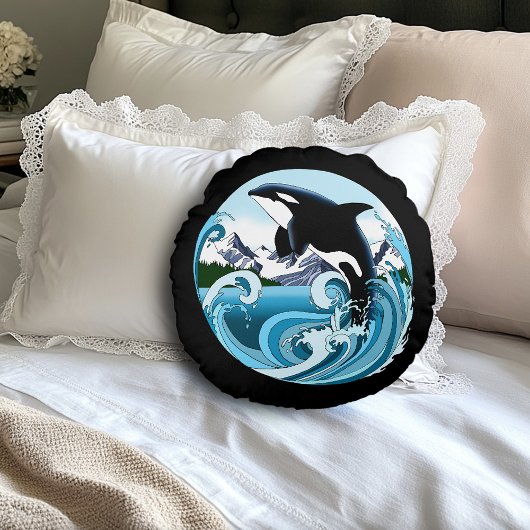 シャチ 海の青い波 ラウンドクッション