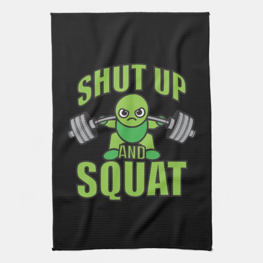 シャットアップとスクワットかわいいアニメパワーリフターアニメ キッチンタオル (縦)