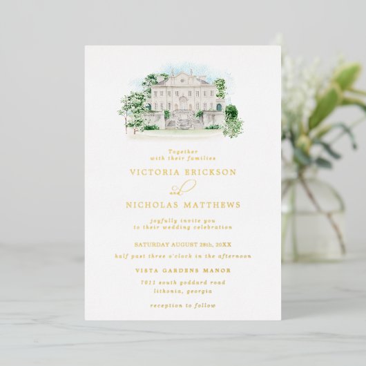 シャトーエレガント |水の色のマナーズ結婚の  箔招待状 (立ち正面)