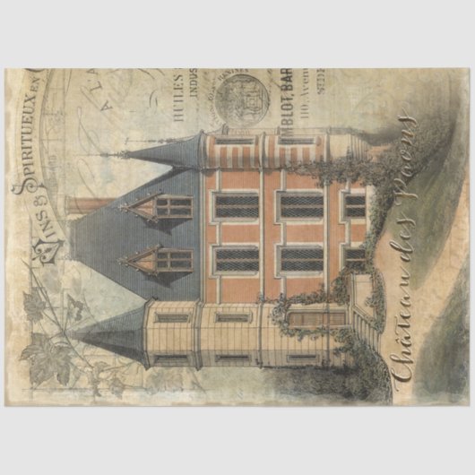シャトーフランスのヴィンテージスクリプトEphemera Decompage 薄葉紙 (正面)