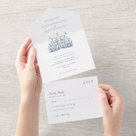 シャトー会場のスケッチ ミニマリストの結婚式 オールインワン招待状