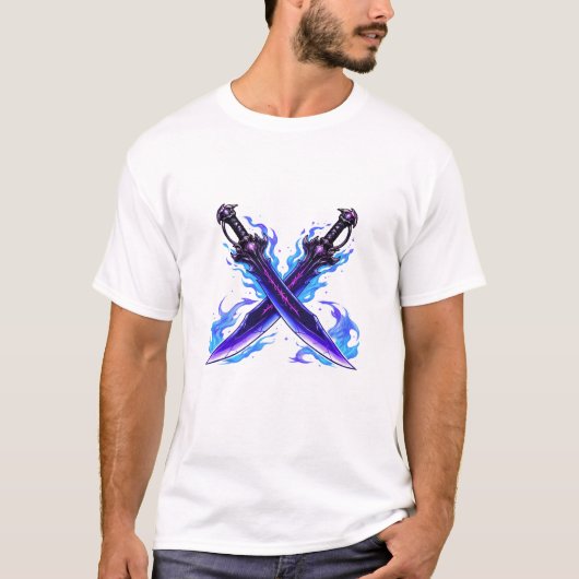 シャドウ・デュアル・ダガー 幻想的な武器、ダークRPG・アニメ Tシャツ (正面)