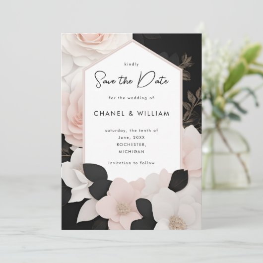 シャネルインスパイア黒白で日付を保存 招待状 (スタンド正面)