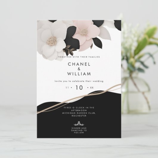 シャネル黒と白の宝石で飾られたフローラ結婚ズ 招待状 (スタンド正面)