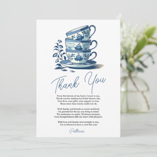 シャノワーズリー ブルー スタック ティーカップ ブライダル シャワー ティー サンキューカード (スタンド正面)