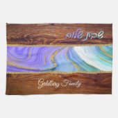 シャバットシャロムパープルティール（緑がかった色）大理石オンウッドエフェクト キッチンタオル (横)