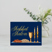 シャバットシャロムユダヤ人ディナーネイビーブルー金ゴールド 箔シーズンポストカード (立ち正面)