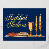シャバットシャロムユダヤ人ディナーネイビーブルー金ゴールド 箔シーズンポストカード (正面)