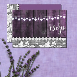 シャビーなウェディングの返信カード - 木、レース、紐のハート 招待状