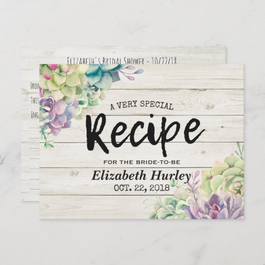 シャビーなウッドと瑞々しい多肉植物のウェディングシャワー飾り付けのアイデア インビテーションポストカード (正面/裏面)