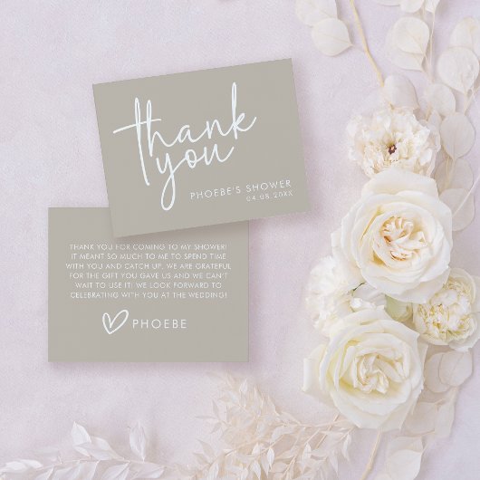 シャビーなミニマリストスクリプトのウェディングシャワーフラット サンキューカード