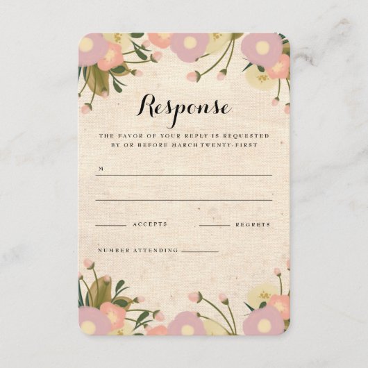 シャビーなルーラルスタイルの水彩花モチーフのキャンバスウェディングRSVPカード 出欠カード (正面)