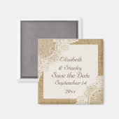 シャビーな白いレースが付いた麻のウェディング Save the Date マグネット (正面/裏面)