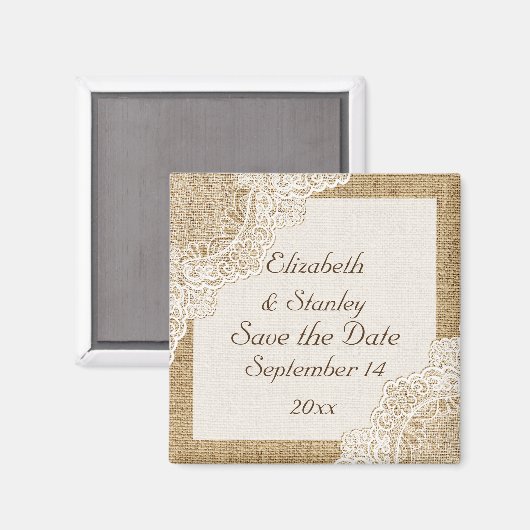 シャビーな白いレースが付いた麻のウェディング Save the Date マグネット (正面/裏面)