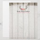 シャビーな花と鹿の角のクラシックなデザイン - ナチュラルでおしゃれなローズと木材 レターヘッド (正面/裏面)