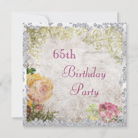 シャビーエレガントシックバラ&ダイヤモンド65誕生日 招待状 (正面)