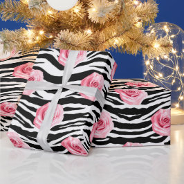 シャビーエレガントビーシックなピンクのバラとゼバのストライプ ラッピングペーパー