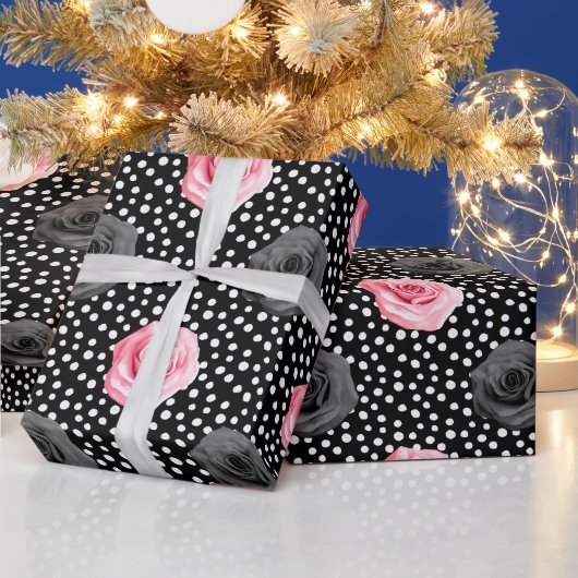 シャビーエレガントビーシックなピンクのバラと水玉模様 ラッピングペーパー (クリスマス)