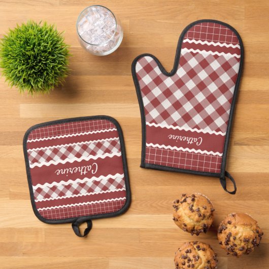 シャビーカスタムシックな赤いホワイトギンガムプレイド 鍋つかみ&鍋敷きセット (トップダウン)