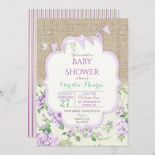 シャビーカントリー素朴シックなラベンダーレースバーラップ 招待状 (正面/裏面)