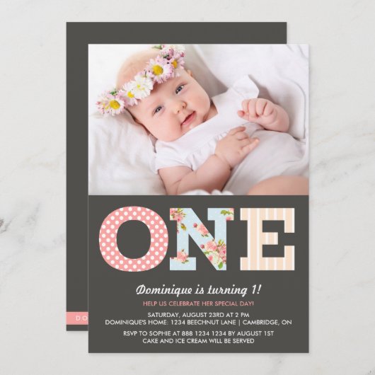 シャビーガーリーシック第1誕生日写真招待状 招待状 (正面/裏面)