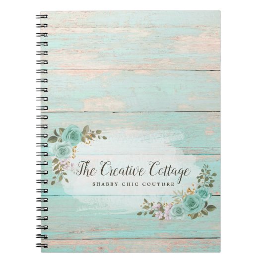 シャビーコテージシックターコイズフローラ素朴ウッド ノートブック (正面)
