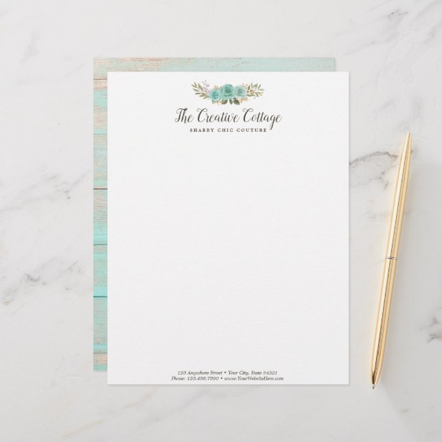 シャビーコテージシックターコイズフローラ素朴ウッド レターヘッド (正面/裏面インサイチュ)