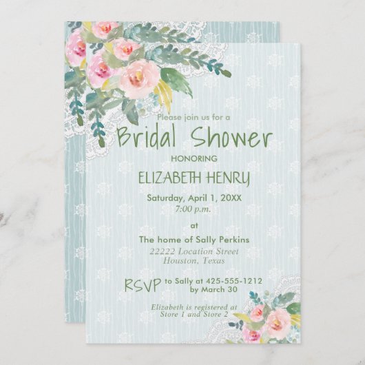 シャビーシエレガントックヴィンテージフローラブライダルシャワー 招待状 (正面/裏面)