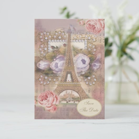 シャビーシックなエッフェル塔と花のSave the Date 招待状 (スタンド正面)