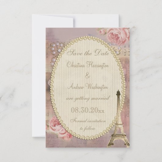 シャビーシックなエッフェル塔と花のSave the Date 招待状 (裏面)