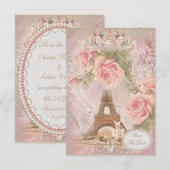シャビーシックなエッフェル塔を飾った、結婚式のSave the Dateカード セーブザデート (正面/裏面)