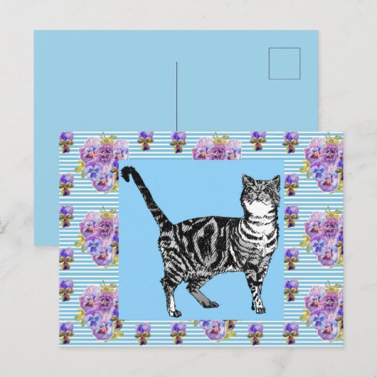シャビーシックなタビー猫のパステルストライプアートポストカード ポストカード (正面/裏面)