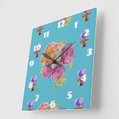 シャビーシックなターコイズブルーのバラのローズアート レディース ルームクロック スクエア壁時計 (傾斜)