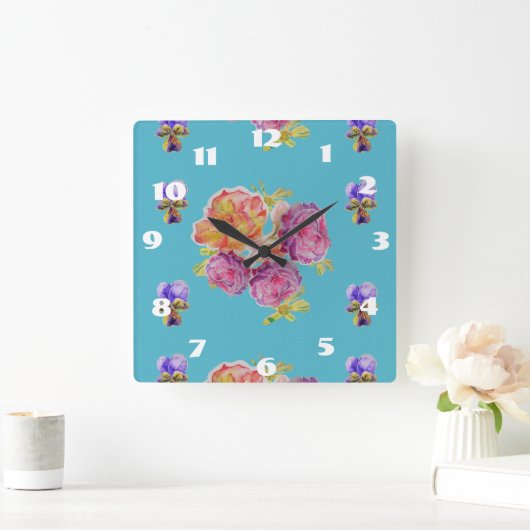 シャビーシックなターコイズブルーのバラ ローズアート レディース ルームクロック スクエア壁時計 (ホーム)
