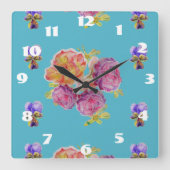 シャビーシックなターコイズブルーのバラ ローズアート レディース ルームクロック スクエア壁時計 (正面)