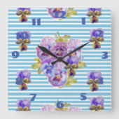 シャビーシックなターコイズブルーのバラ ローズアート レディース ルームクロック スクエア壁時計 (正面)