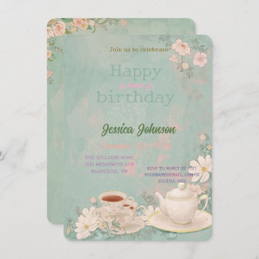 シャビーシックなティーパーティーの招待状 招待状 (正面/裏面)