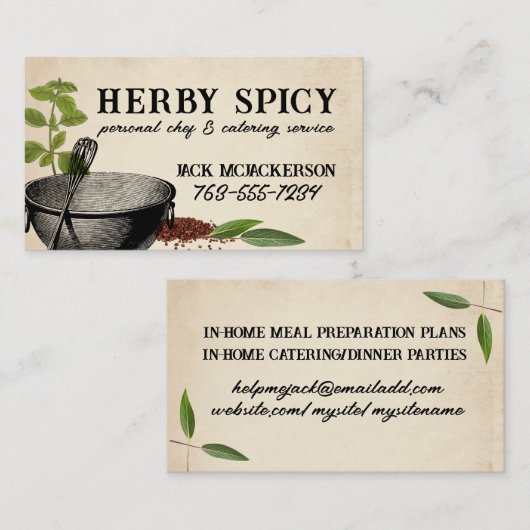 シャビーシックなボウルウィスハーブのスパイスシェフビズカード 名刺 (正面/裏面)