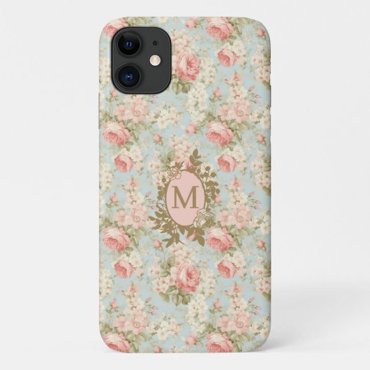 シャビーシックなヴィンテージのピンクのバラのモノグラム Case-Mate iPhoneケース (裏面)