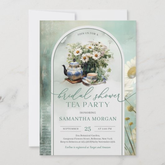 シャビーシックなヴィンテージグリーンとホワイトのウェディングティー 招待状 (正面)